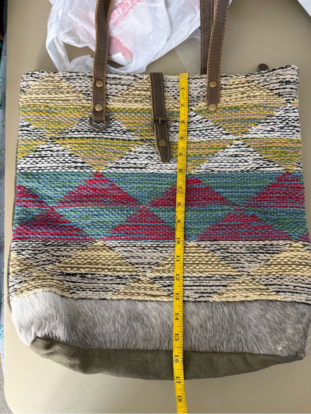 Myra woven southwest style design tote bag with leather and fur trimming. - Picture 11 of 13